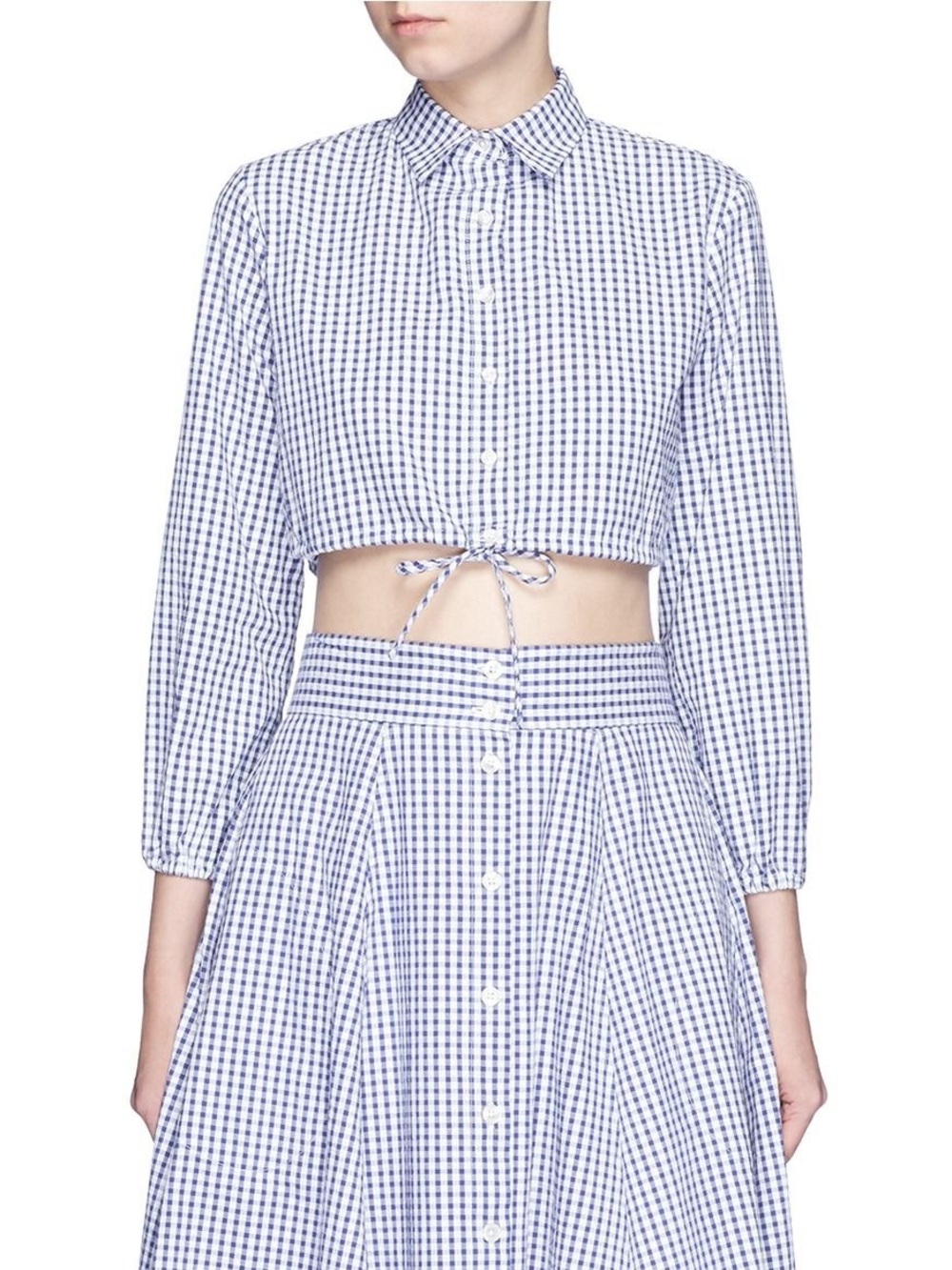 Lisa Marie Fernandez Gingham Drawstring Hem Cropped Bubble Blouse In Navy check